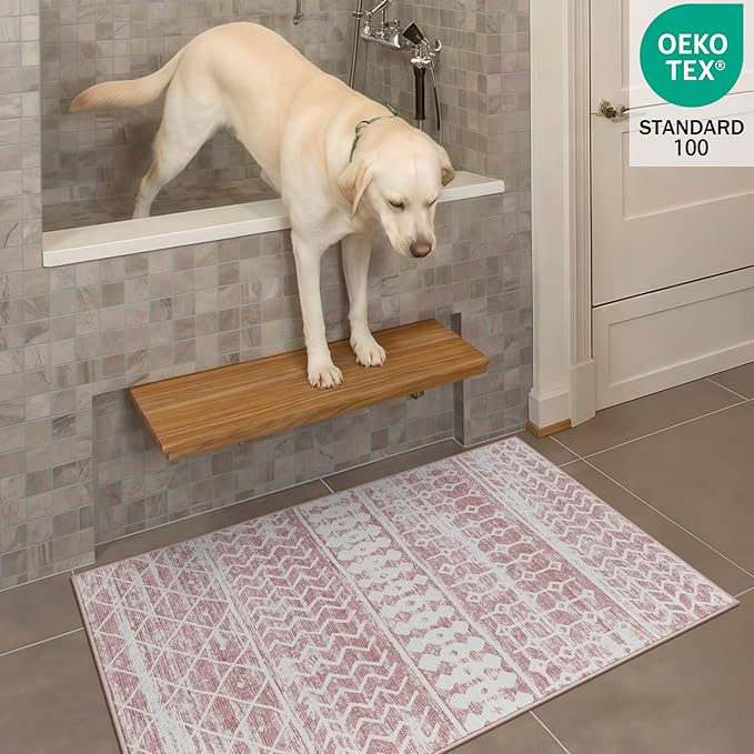 2x3 Machine Washable Area Rug for Entryway, Pink Vintage Moroccan Rug Non-Slip Low Pile Soft Faux Wool Small Carpet, Kids and Pets Friendly for Bedroom Kitchen Hallway Home Decor Rug