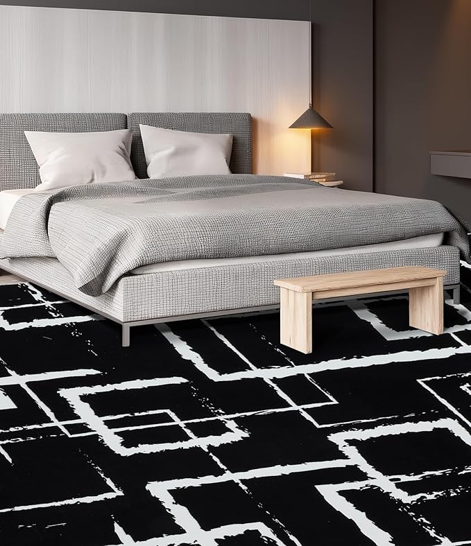 YIHOUSE Black Modern Geometric Area Rug 8x10, Black and White Rug with Abstract Rectangular Patterns,Non-Shedding Washable Rugs for Bedroom, Home Office and Living Room