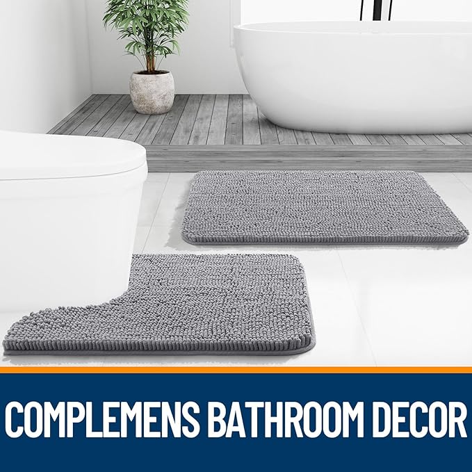 OLANLY Bathroom Rugs 70x46, Extra Soft Absorbent Chenille Bath Rugs, Rubber Backing Quick Dry, Machine Washable Bath Mats for Bathroom Floor, Tub and Shower, Home Decor Accessories, Grey