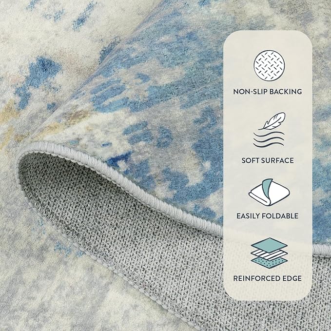 Lahome Modern Abstract Round Rug 3Ft, Blue Washable 3x3 Circle Rugs for Kitchen Entryway Soft Small Bedroom Mat Non Slip, Contemporary Indoor Floor Throw Carpet for Nursery Home Office