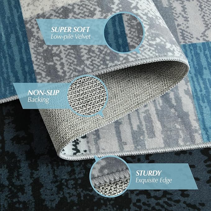 Large Area Rugs,Modern Geometric Patchwork Floor Decor for Bedroom Aesthetic Carpet, Rockwood Collection, Indoor Rugs for Living Room, Dining Room, Nursery, Office, Machine Washable Rug,5x8 Ft Blue