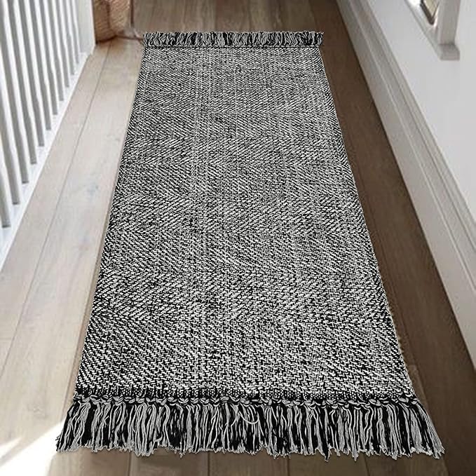Collive Kitchen Runner Rug, 2' x 4.3' Cotton Hand-Woven Reversible Washable Rug, Black Bathroom Rugs Modern Farmhouse Hallway Carpet for Foyer Bedroom Entry Back Door Decor