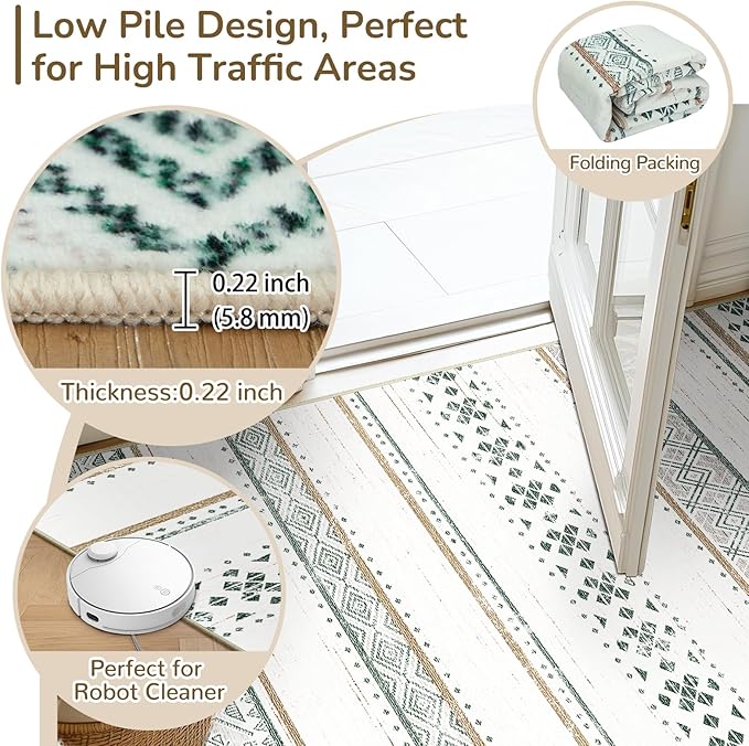 BESTSWEETIE 2x3 Area Rugs for Living Room Washable Moroccan Farmhouse Neutral Geometric Low Pile Non-Slip Soft Print Pattern Rug for Bedroom Kitchen Dining Room Entryway Green/Brown