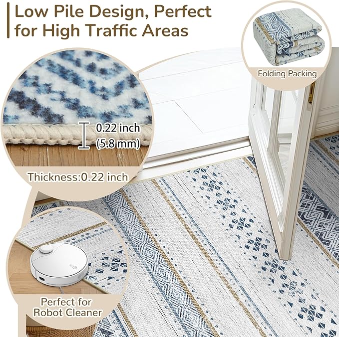 BESTSWEETIE 4x6 Area Rugs for Living Room Washable Moroccan Farmhouse Neutral Geometric Low Pile Non-Slip Soft Print Pattern Rug for Bedroom Kitchen Dining Room Entryway Blue/Brown