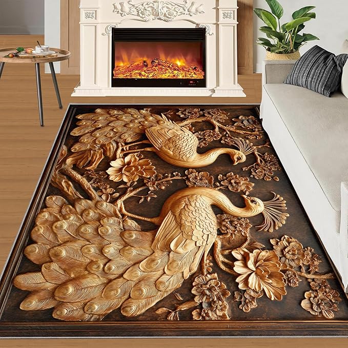 Peacock Rugs for Bedroom - 5x8 Rug, European Style Area Rugs for Living Room, Peacock Decor Carpet, Gold Peafowl Washable Area Mat, Luxury Carpet - Peafowl Home Decor & Gifts