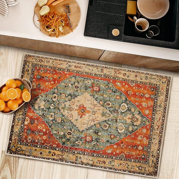 COMSLE Boho Area Rug, 2 x 3 Ft Washable Rugs for Entryway Faux Wool Small Rugs Distressed Throw Rug Non-Slip Floor Carpet for Indoor Bedroom Kitchen Living Room