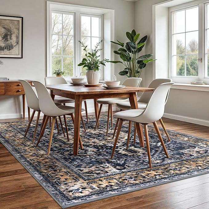 KOZYFLY Boho Area Rug 6x9 Ft Thin Rugs for Living Room Washable Bedroom Rug Non Slip Rugs for Living Room Gold Navy Printed Faux Wool Vintage Bedroom Rug Floor Carpet for Dining Room
