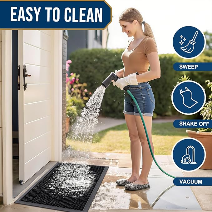 Kitinjoy Front Door Mat Outside Entrance, Sturdy Natural Dirt Trapper, Heavy Duty Rubber Doormat, Low Profile Non-Slip Backing, Easy Clean Floor Mat for Indoor Outdoor Entry, 29.5X17 Inch, Black