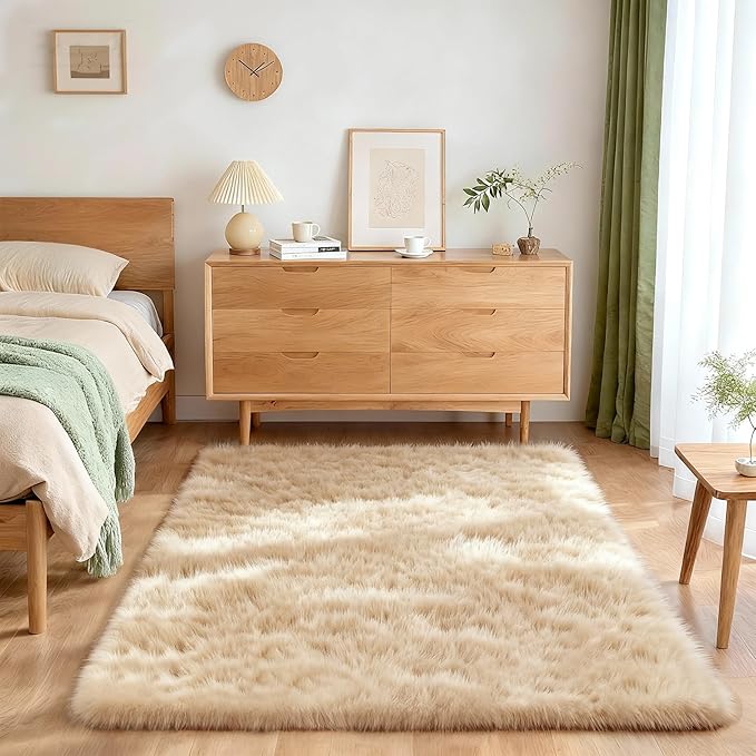 4x6 Solid Fluffy Camel Area Rug – Washable, Durable, Living Room Rug, Non-Slip High Pile Shag Rugs for Bedroom, Living Room, Bedside, Dorms, Nursery Rooms, Kids Room, Soft Indoor Floor Carpet