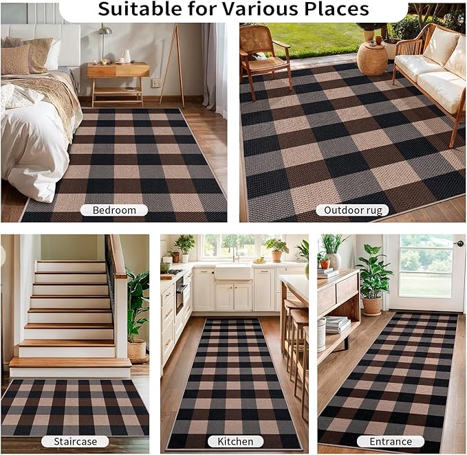 Tangsoo Checkered Easy Jute Runner Rug for Hallways,2x6 Washable Non-Slip Carpet Runner for Kitchen Bedroom Laundry Entryway Black Brown Indoor Outdoor Floor Mat
