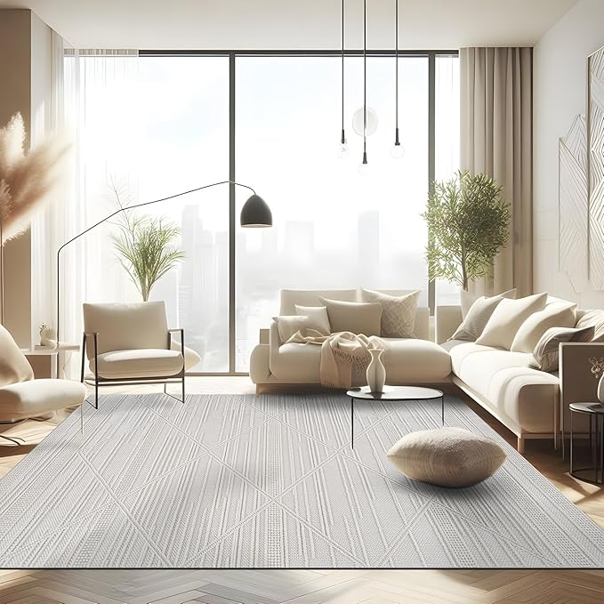 CAMILSON Micro Loop Rug 10x14 Modern Luxury Geometric Pattern Large Area Rugs Soft High and Low Pile Stain Resistant Easy-Cleaning Non-Shedding for Living Room Office Indoor Carpet (10 x 14 / White)