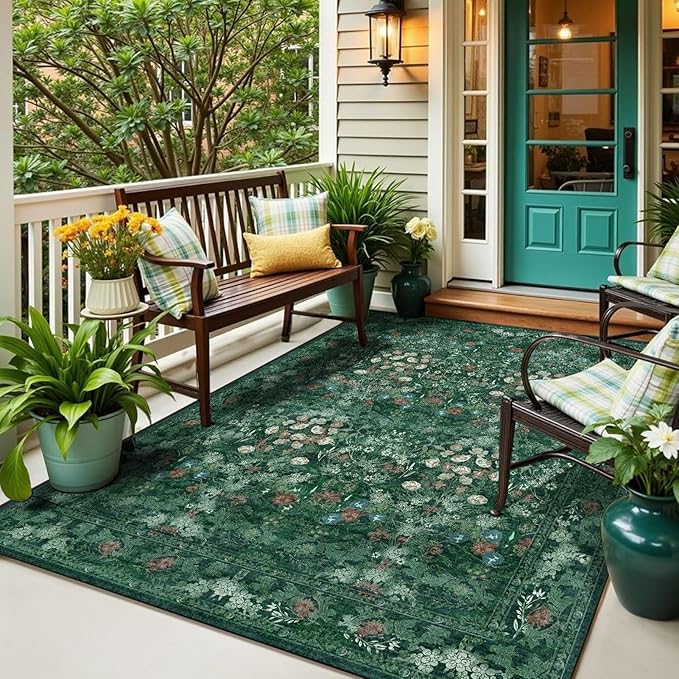 Green Boho Floral 3x5 Rugs for Large Entryway, Farmhouse Botanical Washable Area Rug for Dorm, Bedroom Bedside, Foyer, Kitchen, Laundry - Cottagecore Distressed Carpet, Low Pile Non Slip Mat