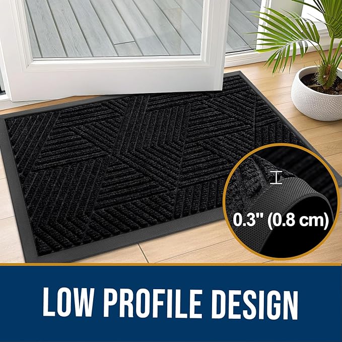 Kitinjoy Front Door Mat Outside Entrance, Sturdy Natural Dirt Trapper, Heavy Duty Rubber Doormat, Low Profile Non-Slip Backing, Easy Clean Floor Mat for Indoor Outdoor Entry, 35X23 Inch, Black