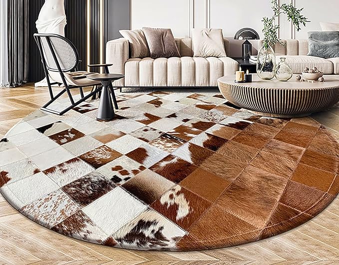 Handmade Pure Cowhide Round Leather Rug for Living Room Bedroom Rug (6X6)