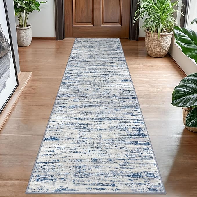 Modern Abstract Hallway Runner Rug, Blue White Washable Kitchen Runner Non-Slip Soft 2x8 Runner Rug Thin Print Faux Wool Carpet for Entryway Bedroom Laundry Room Indoor Home Decor