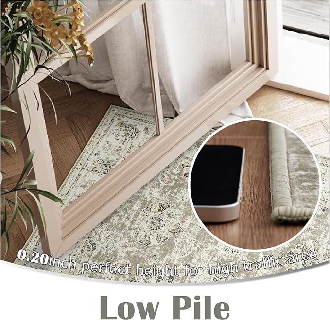 jinchan Fiora Hallway Runner Rug 3x10 Washable Runner - Vintage Floral Non Slip Low-Pile Soft Thin Faux Wool Kitchen Rug Distressed Carpet for Farmhouse Bedroom Laundry Room(3x10ft, Taupe)