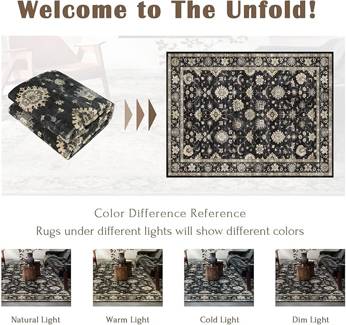 Area Rugs 9x12 Living Room - Large Washable Charcoal Black Boho Rugs for Bedroom Soft Vintage Rug Ultra-Thin Traditional Floral Carpet Moody Farmhouse Rug for Dining Room Guest Room Home Decor
