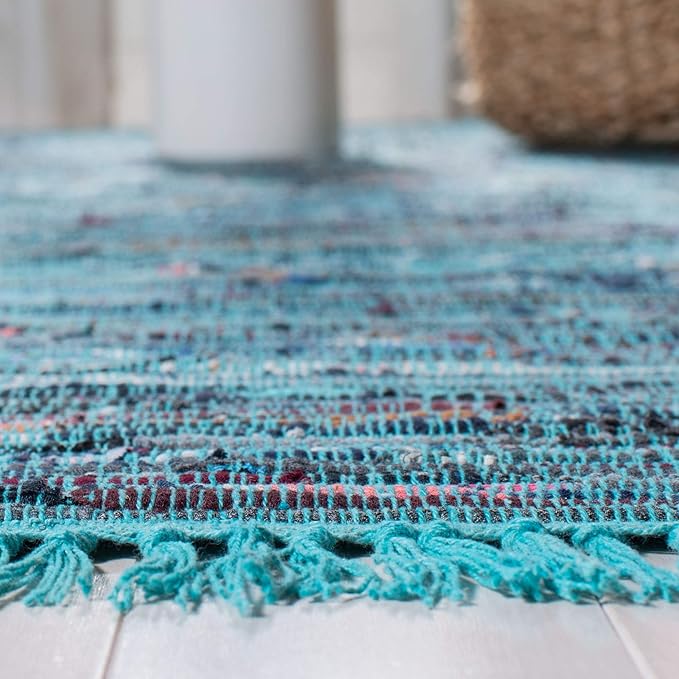 SAFAVIEH Rag Rug Collection Area Rug - 5' x 8', Blue & Multi, Handmade Boho Stripe Cotton, Ideal for High Traffic Areas in Living Room, Bedroom (RAR121B)
