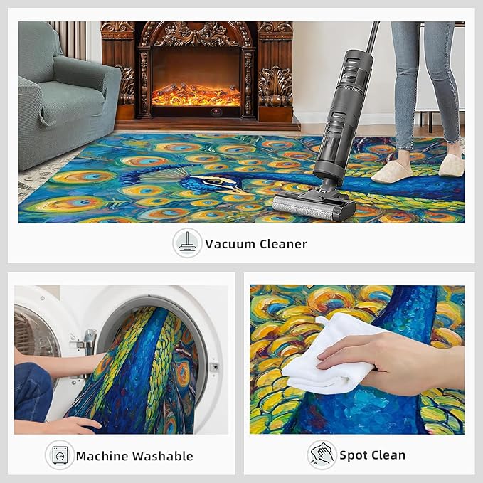 Peacock Area Rug 2x3-2x3 Rug, Wonderful Peacock Rugs for Living Room, Teal Turquoise Carpet, Peafowl Washable Area Rugs for Bedroom, Aesthetics Carpet - Peafowl Home Decor & Gifts