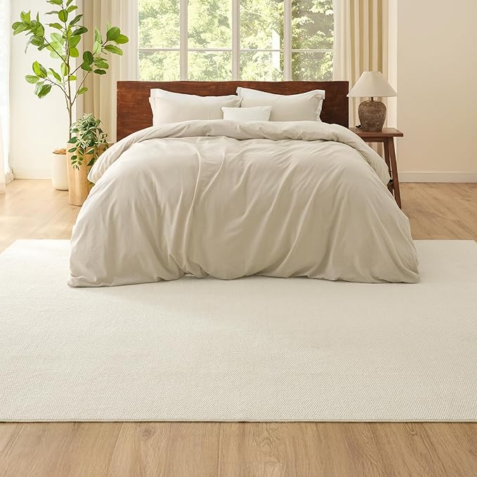 Bedsure 5x7 Faux Wool Area Rugs for Living Room, Machine Washable Carpet, Non-Slip Backing, Pet Friendly Throw Rug for Bedroom Dining Room, Linen