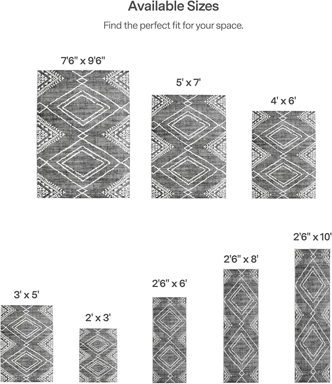 ReaLife Rugs Machine Washable Area Rug Runner - Living Room Bedroom Bathroom Kitchen Entryway Office - Padded Low Pile Stain Resistant Premium - Moroccan Diamond Tribal - Jax - Gray 3' x 5'