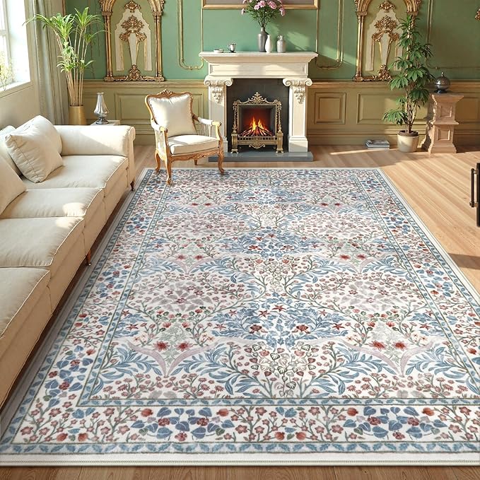 Lahome Floral Washable Rugs 8x10, Soft 8x10 Area Rugs for Living Room Bedroom, Boho Non-Slip Forest Stain Resistance Large Throw Carpet for Farmhouse Dining Room Office, Beige/Blue