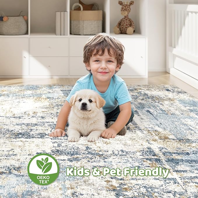 10x14 Area Rugs Living Room: Washable Large Abstract Modern Soft Rug Stain Resistant Indoor Floor Non Slip Accent Carpet for Bedroom Nursery Playroom Office Dining Room Dorm Home House- Light Blue
