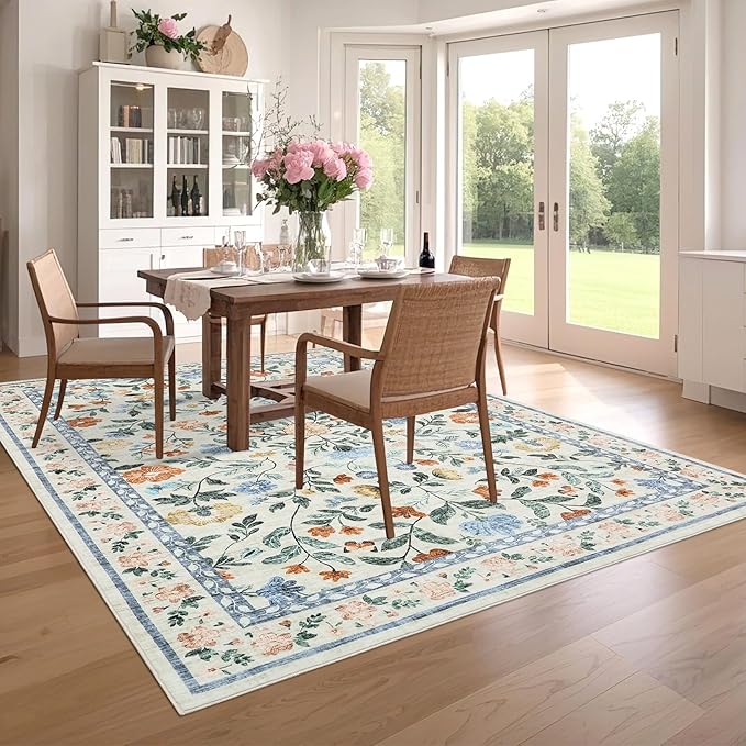 GarveeHome Washable Rug 6 x 9, Low Pile Farmhouse Floral Rug, Non-Shedding Indoor Foldable Printed Carpet Non-Slip Soft Vintage Throw for Bedroom Dining Room Kitchen, Green