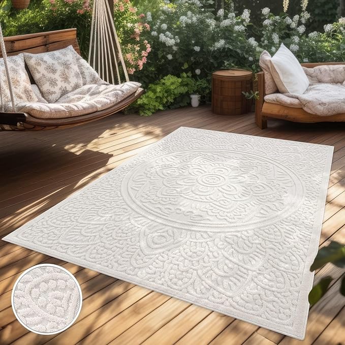 Paco Home Modern in- and Outdoor Rug with Carved Oriental Mandala Pattern in Cream, Size: 5'3" x 7'7"
