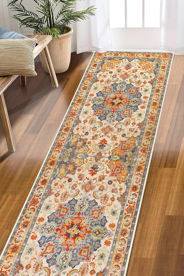 COMSLE Boho Runner Rug, 2' x 8' Washable Rugs for Hallway Faux Wool Small Kitchen Area Rug Distressed Throw Rug Non-Slip Laundry Room Rug Carpet Runner for Entryway Indoor Bedroom