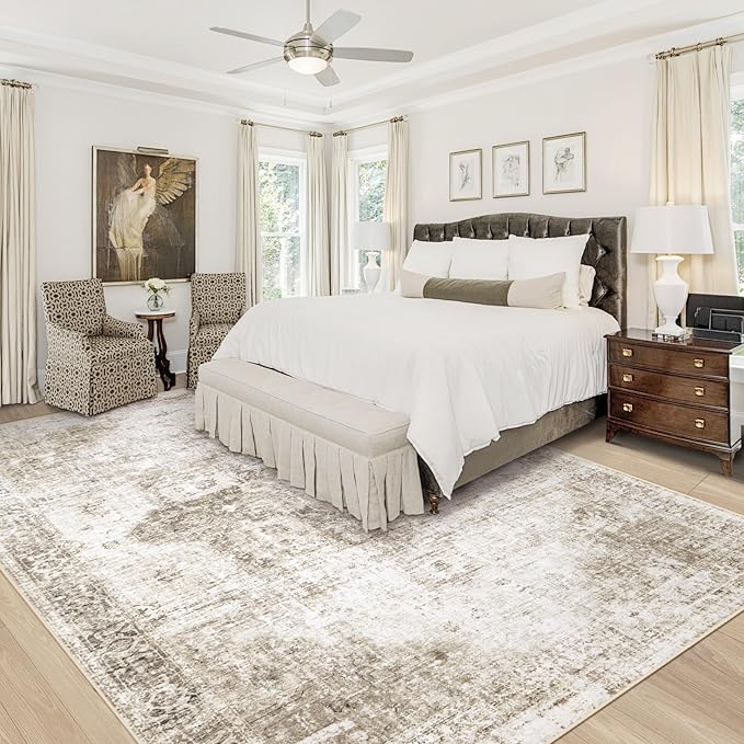 Area Rug 10x12 Washable Rug, Vintage Boho Medallion Rugs Non-Slip Soft Low Pile Large Distressed Rug Indoor Retro Carpet for Living Room Bedroom Dining Room Home Office (Taupe, 10'x12')