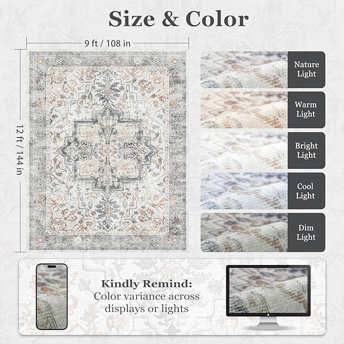 Large Farmhouse Area Rugs 9x12 for Living Room, Distressed Medallion Printed Big Carpet Rugs for Bedroom Under Bed, Washable Non Slip Low Pile Thin Rugs for Dining Room, Grey/Orange-Brown