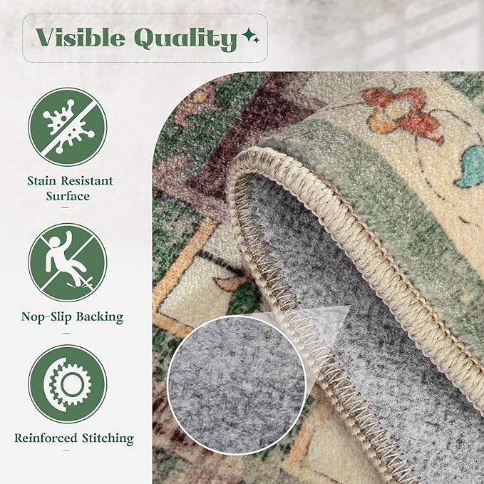 Area Rug 5x7 Washable Rug, Vintage Boho Medallion Rugs Non-Slip Soft Low Pile Large Distressed Rug Indoor Retro Carpet for Living Room Bedroom Dining Room Home Office (Green Beige, 5'x7')