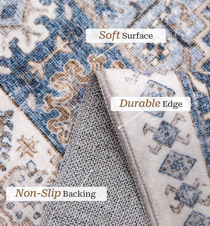 zesthome 7x9 Area Rug, Super Soft Washable Rugs for Living Room, Non-Slip Stain Resistant Vintage Rugs, Ultra-Thin Large Area Rugs (Blue/Beige,7'x9')