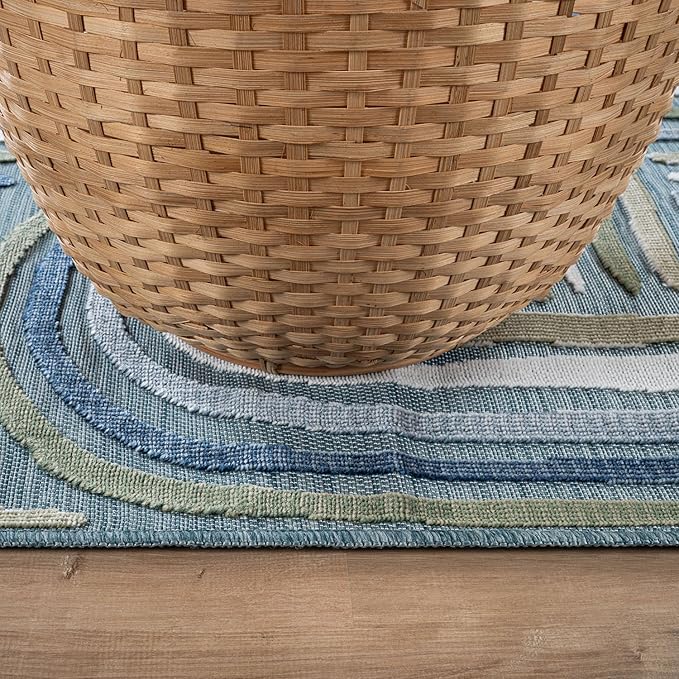 CAMILSON Indoor Outdoor Rug, Aqua 5x7 Geometric Arch Striped Area Rugs for Patio and Home Areas, Easy-Cleaning Non-Shedding Living Room, Garden and Deck Washable Outside Carpet (5 x 7)