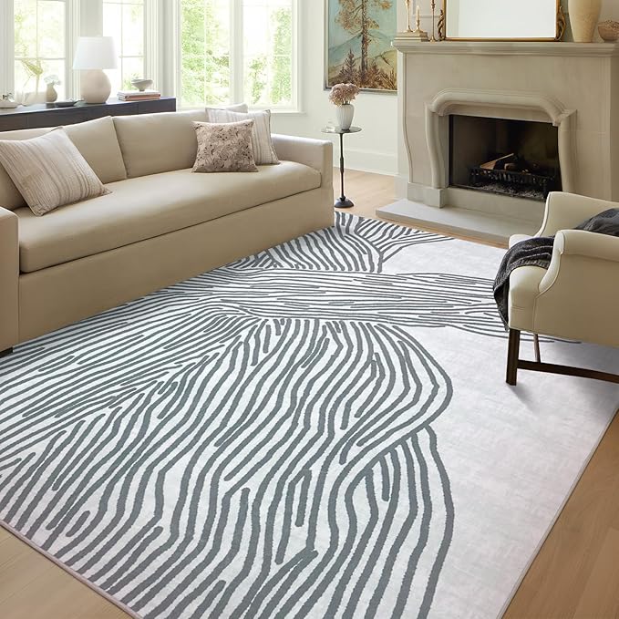 YIHOUSE Grey Rug for Living Room, 6×9 Modern Abstract Area Rug, Geometric Contemporary Wave Striped Rugs for Playroom Nursery, Washable Nonslip Large Rug for Bedroom Dining Room