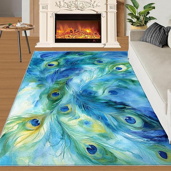 Peacock Feather Rug 6x9-6x9 Rug, Teal Turquoise Area Rugs for Bedroom, Malachite Green Feather Rugs for Living Room, Peafowl Washable Mat, Peacock Feather Carpet - Peafowl Home Decor & Gifts