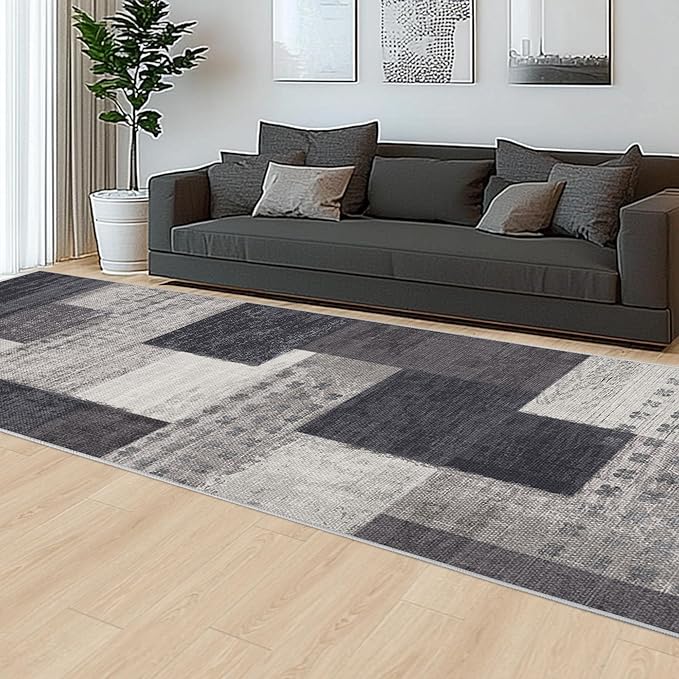 Modern Geometric Patchwork Indoor Runner Rug for Living Room, Charcoal 2'x 6' Rug Rockwood Collection Hardwood Floors Decor for Bedroom, Grey Throw Carpet for Office Entryway Dining Room