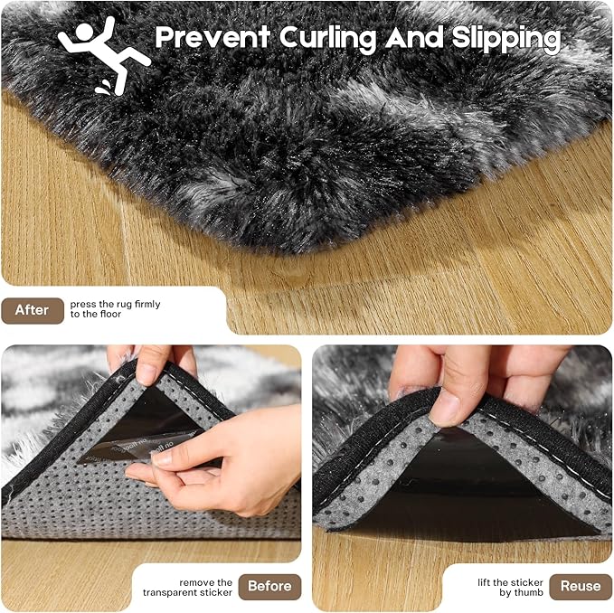 Black and White Rugs for Bedroom, 2x3 Fluffy Small Area Rugs for Living Room, Soft Shag Fuzzy Carpet with 4 Non-Slip Stickers for Kids Boys and Girls Nursery Room Dorm Home Decor (2ft x 3ft)