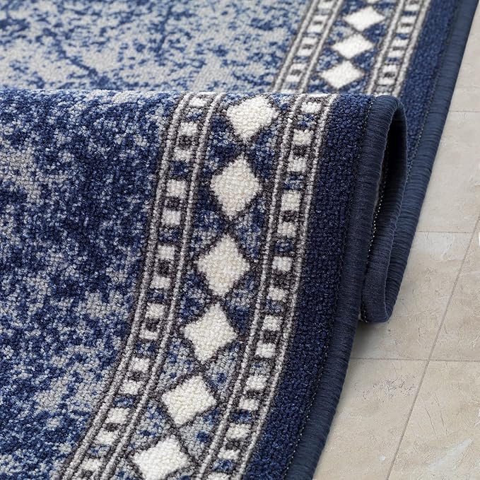 Antep Rugs Alfombras Modern Bordered 2x10 Non-Skid (Non-Slip) Low Profile Pile Rubber Backing Indoor Area Runner Rugs (Navy Blue, 2' x 10')