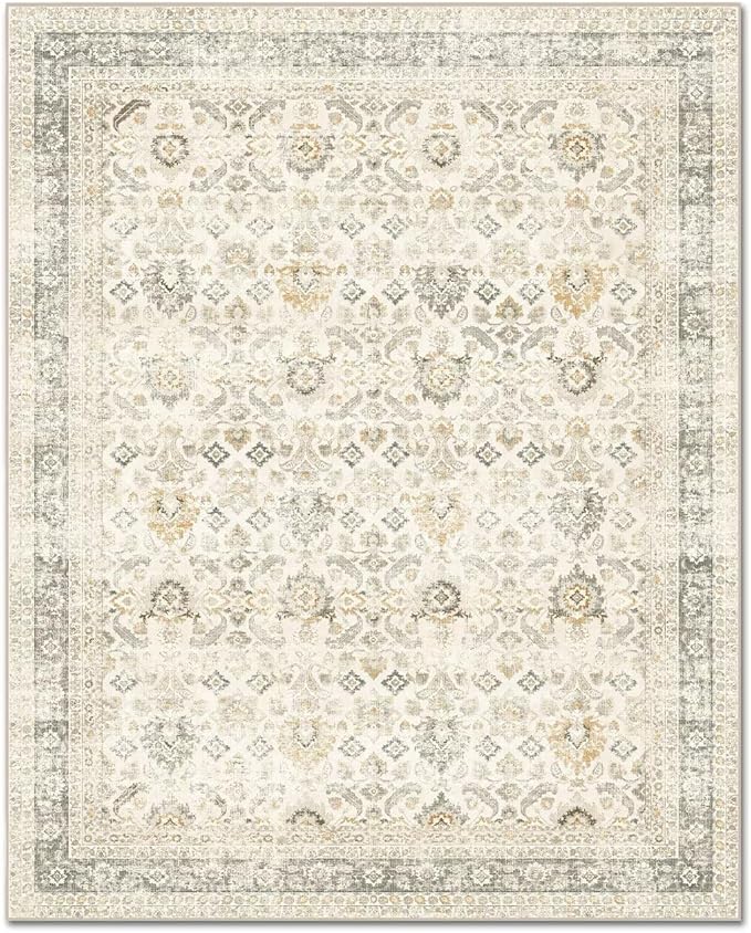 Washable 2x3 Entryway Rug, Boho Non-Slip Door Mat Vintage Distress Small Rugs for Kitchen Nursery Office Bedroom, 0.3" Neutral Oriental Throw Carpet with Cushioning Pad,Grey/Beige/Orange/Multi