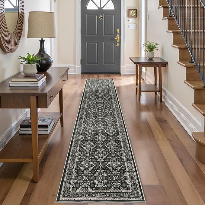WITSHOCK Black Boho Washable 2x10 Kitchen Runner Rug,Vintage Neutral Hallway Rugs for Entryway,Soft Distressed Floor Mat for Bedroom,Entrance,Indoor Back Door(Black,2x10)