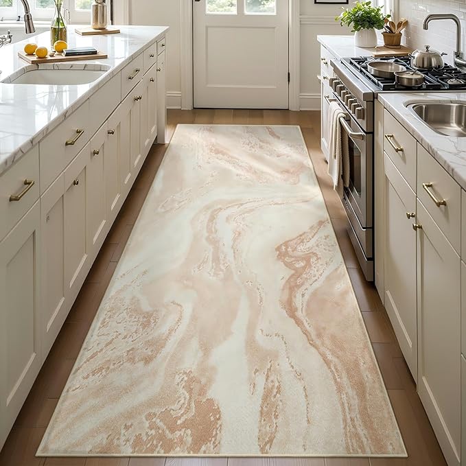 Ciicool 2x6 Washable Runner Rug, Modern Abstract Soft Hallway Rugs Runner, Non-Slip Thin Accent Rug Lightweight Light Brown Beige Print Distressed Carpet for Laundry Entryway Bedroom Kitchen Indoor