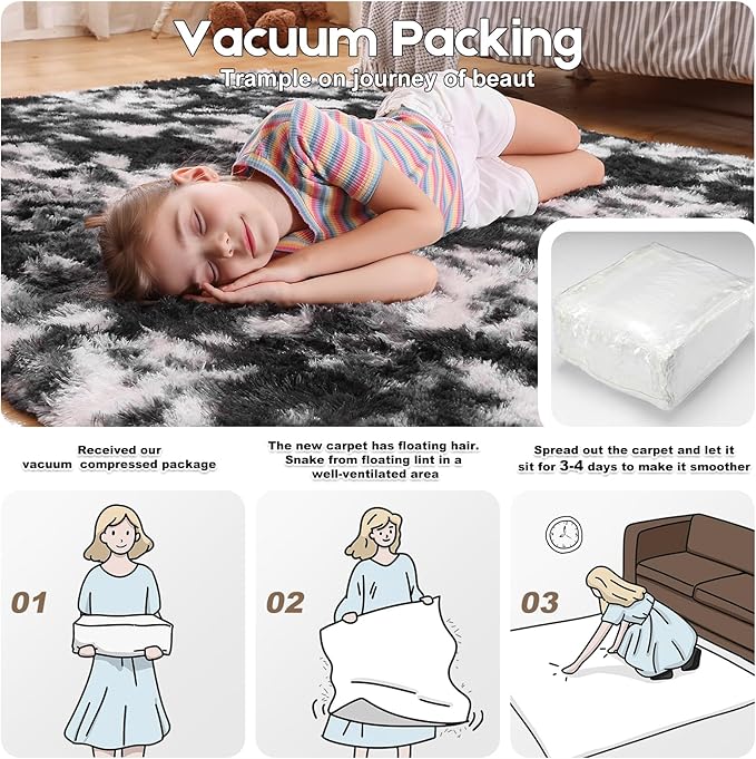 8x10 Area Rugs for Living Room, Fluffy Large Rugs for Bedroom, Soft Shag Fuzzy Non-Slip Carpet for Kids Boys and Girls Nursery Room Dorm Indoor Home Decor (Black and White, 8ft x 10ft)