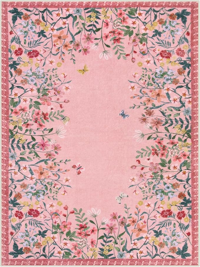 Wonnitar Washable Pink Floral 9x12 Rugs for Bedroom, Non-Slip Living Room Area Rug, Cute Nursery Large Botanical Area Rug, Soft Floor Carpet for Playroom Closet (Pink,9'x12')