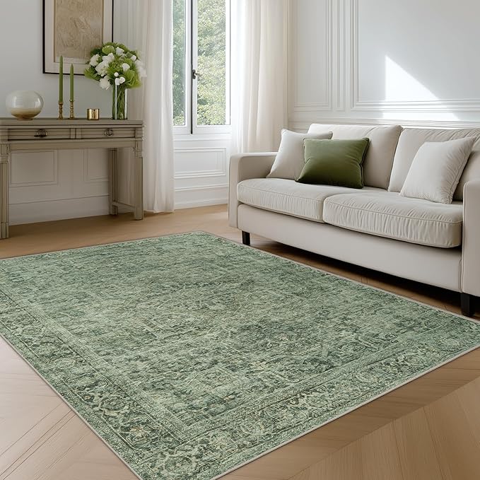 FMFUNCTEX 4x6 Washable Area Rug Green Neutral Vintage Distressed Oriental Non Slip Low Pile Traditional Entryway Indoor Carpet for Living Room Bedroom Soft Retro Throw Rug for Dining Office Entrance