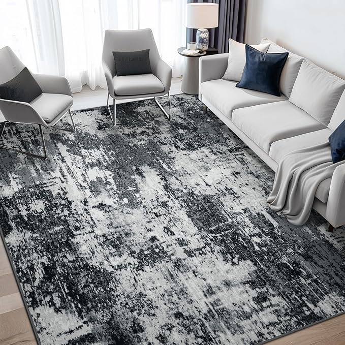 Washable Area Rugs 6'x8' Non-Slip Modern Abstract Soft for Living Room Entryway Bedroom Nursery, Print Pattern, Black Gray