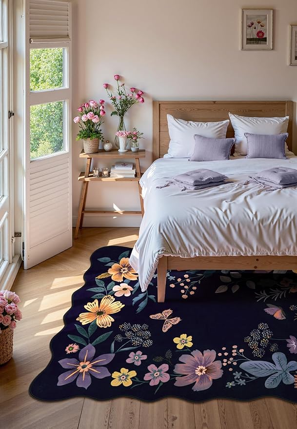 Lahome Floral Washable Rugs for Living Room, 5x7 Area Rugs Ultra-Thin Soft Rug, Non-Slip Bedroom Rug Stain Resistant Lightweight Boho Low-Pile Throw Carpet for ‎Dining Room Office (5x7ft,Purple)