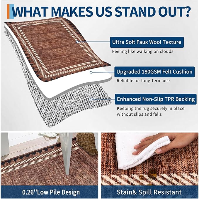 Living Room 8x10 Washable Soft Area Rug for Dining Room Living Room Foldable Non Slip Soft Indoor Carpet Modern Geometric Bordered Stain Resistant Bedroom Laundry Rugs with Rubber Back, Brick Red