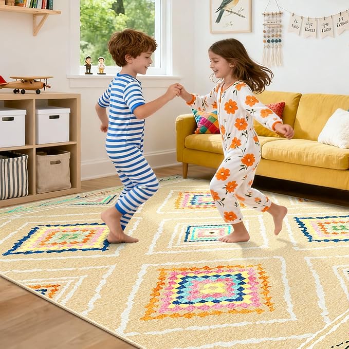 Area Rug 6x9 Rug Machine Washable Non-Slip Low Pile Print Pattern Western Rug for Living Room Bedroom Entryway Tribal Series -Cream/Beige